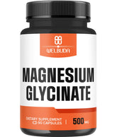 Welbuda Magnesium Glycinate 500mg bottle on shelf for daily mineral support.