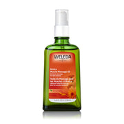 Weleda Arnica Muscle Massage Oil bottle highlights soothing arnica for sore muscles and tired joints.