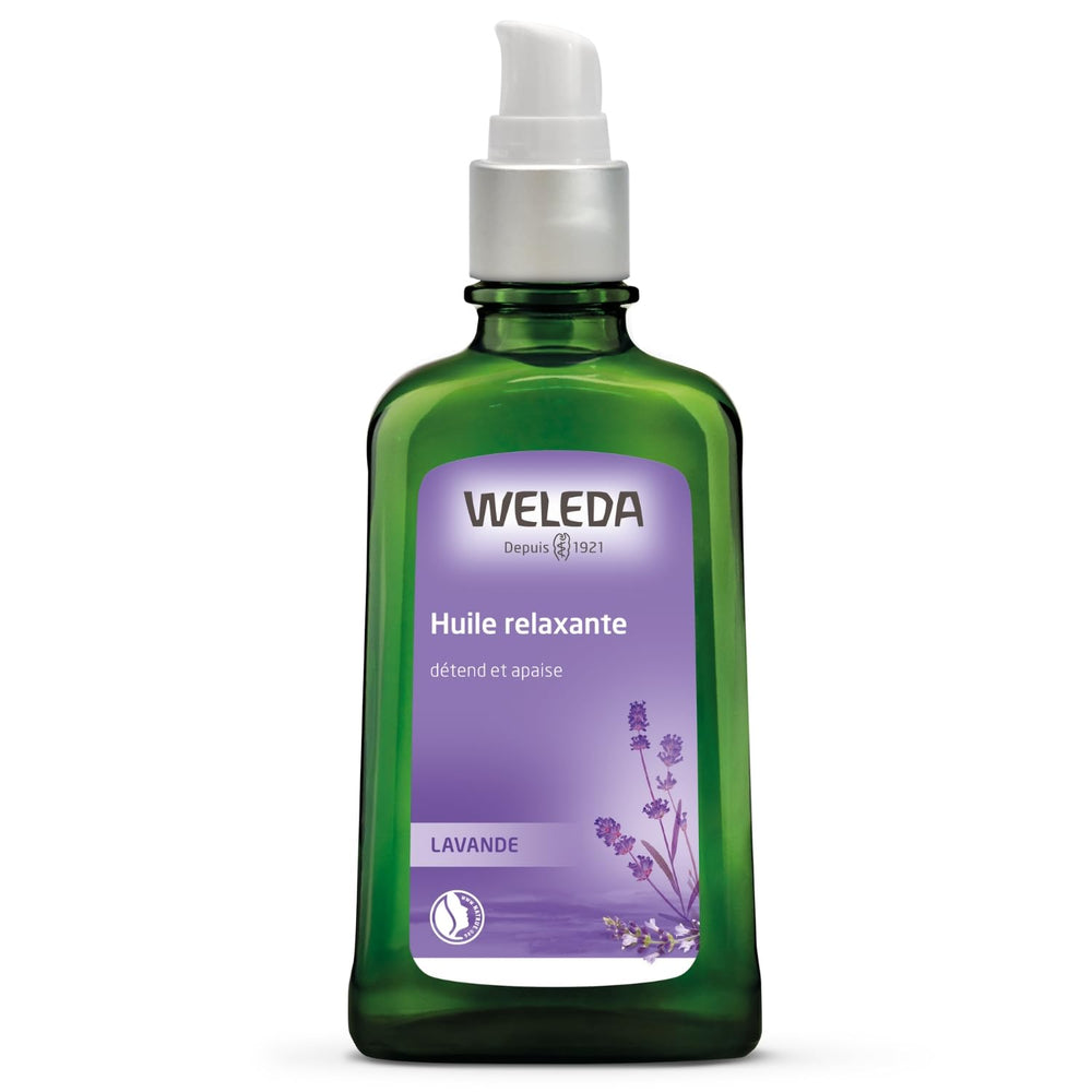 Weleda Relaxing Lavender Body Oil bottle—calming lavender aroma for evening use.