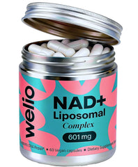 Welio Liposomal NAD+ bottle close-up highlighting premium formulation for daily energy support