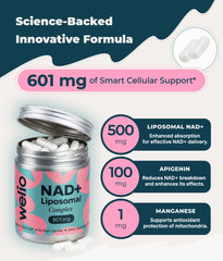 Welio Liposomal NAD+ ingredients Apigenin and manganese close-up for antioxidant support