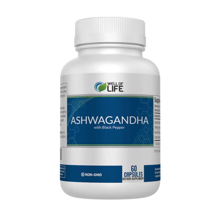 Well of Life Ashwagandha bottle front for daily balance and calm routine.