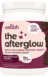 Wellah Afterglow dark chocolate tub front, inviting daily collagen use.