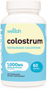 Wellah pasteurized colostrum capsules bottle front showing 60 servings for daily support.