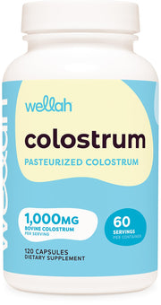 Wellah pasteurized colostrum capsules bottle front showing 60 servings for daily support.