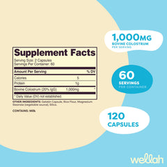 Wellah colostrum capsules bottle label close-up highlighting 1000 mg per serving.