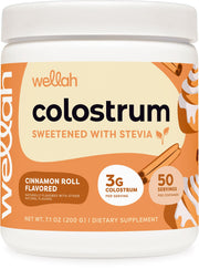 Wellah Colostrum Cinnamon Roll bottle; flavorful daily supplement option.