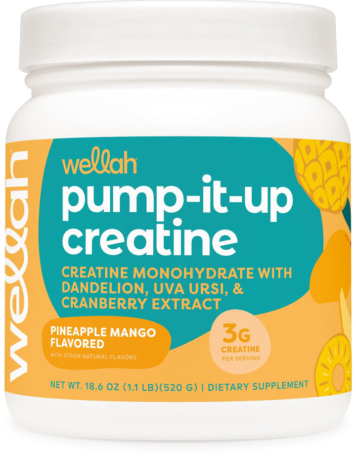 Wellah Creatine for Women bottle with Pineapple Mango flavor for workouts.