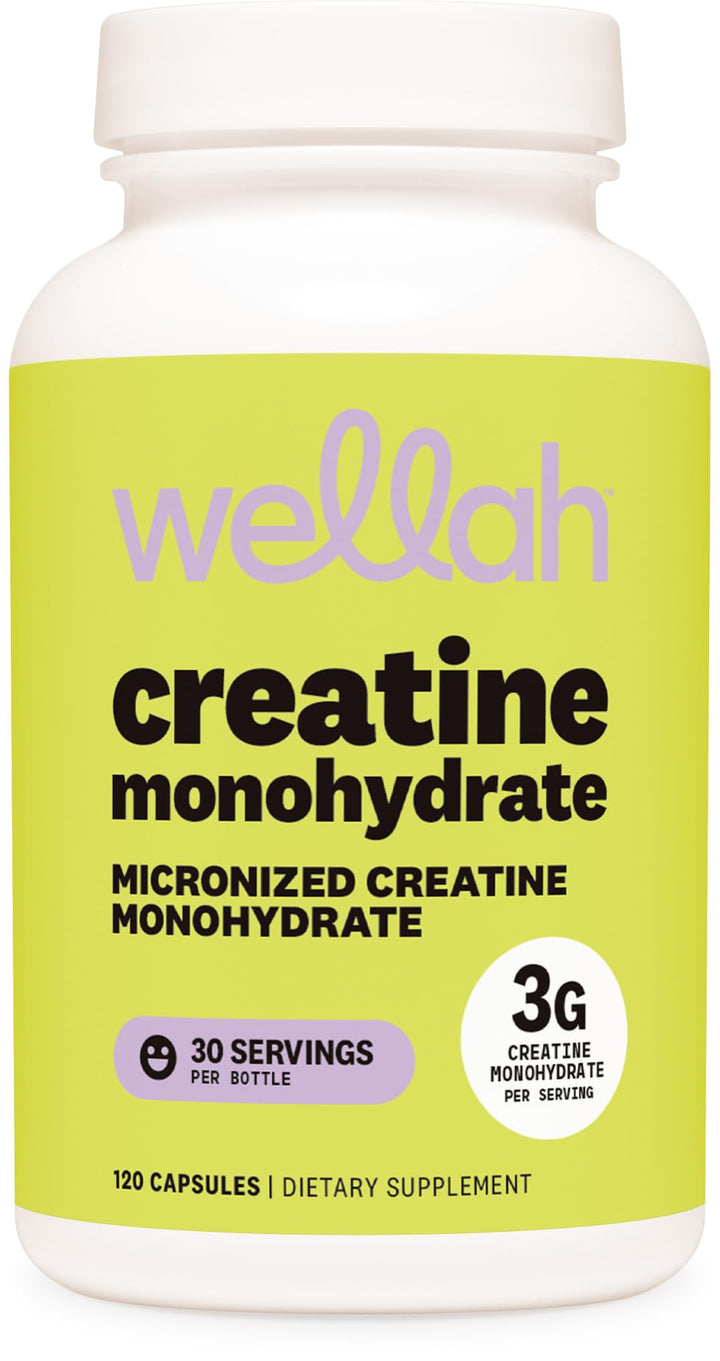 Wellah Creatine Monohydrate Capsules bottle with 120 capsules for 30 servings.