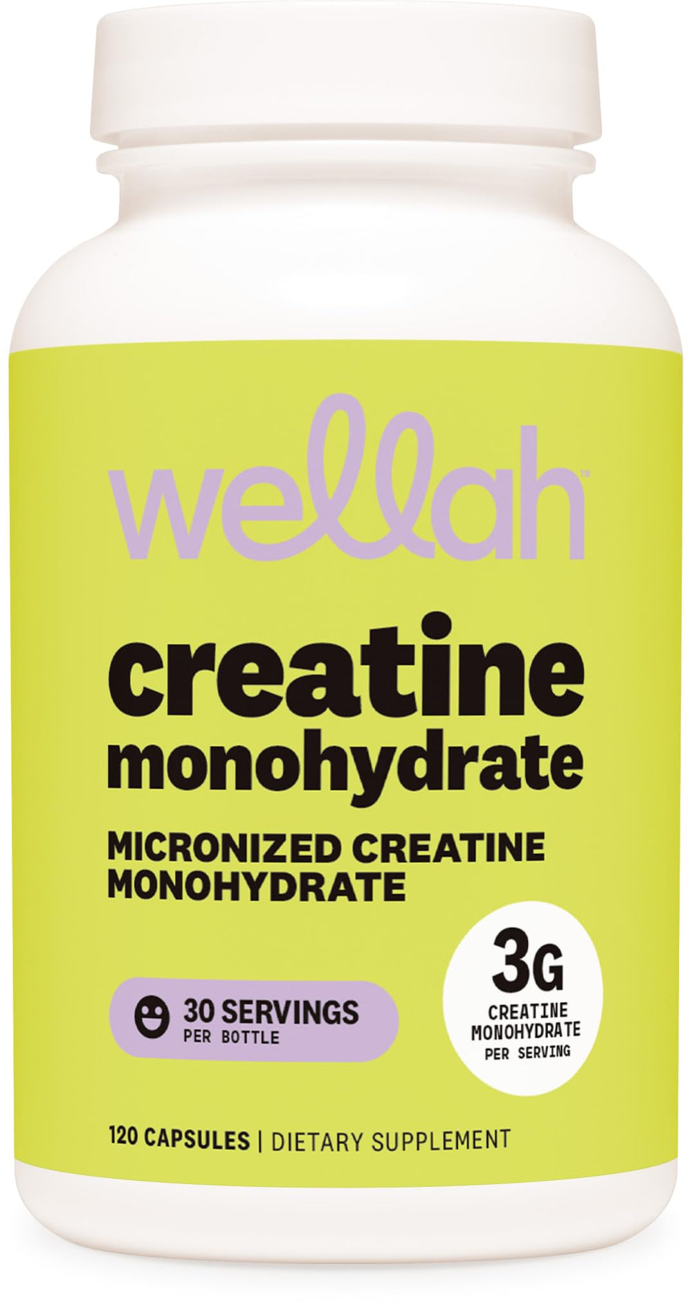 Wellah Creatine Monohydrate Capsules bottle with 120 capsules for 30 servings.