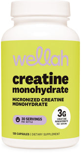 Wellah Creatine Monohydrate Capsules bottle with 120 capsules for 30 servings.