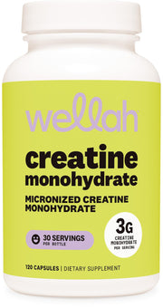 Wellah Creatine Monohydrate Capsules bottle with 120 capsules for 30 servings.