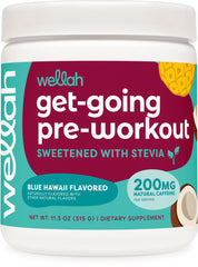 Wellah Get-Going Blue Hawaii bottle closeup showing natural caffeine boost for sustained energy