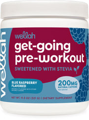 Wellah Get-Going blue raspberry bottle ready for an energy-boosting workout