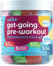 Wellah Get Going variety pack sticks displayed for on-the-go energy before workouts