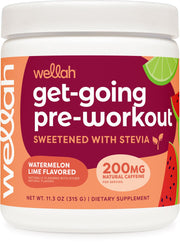 Wellah Get-Going Watermelon Lime bottle close-up showing natural caffeine boost for workouts