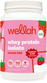Wellah Grass-Fed Whey Protein Isolate tub with strawberries and cream, ideal for daily protein goals.