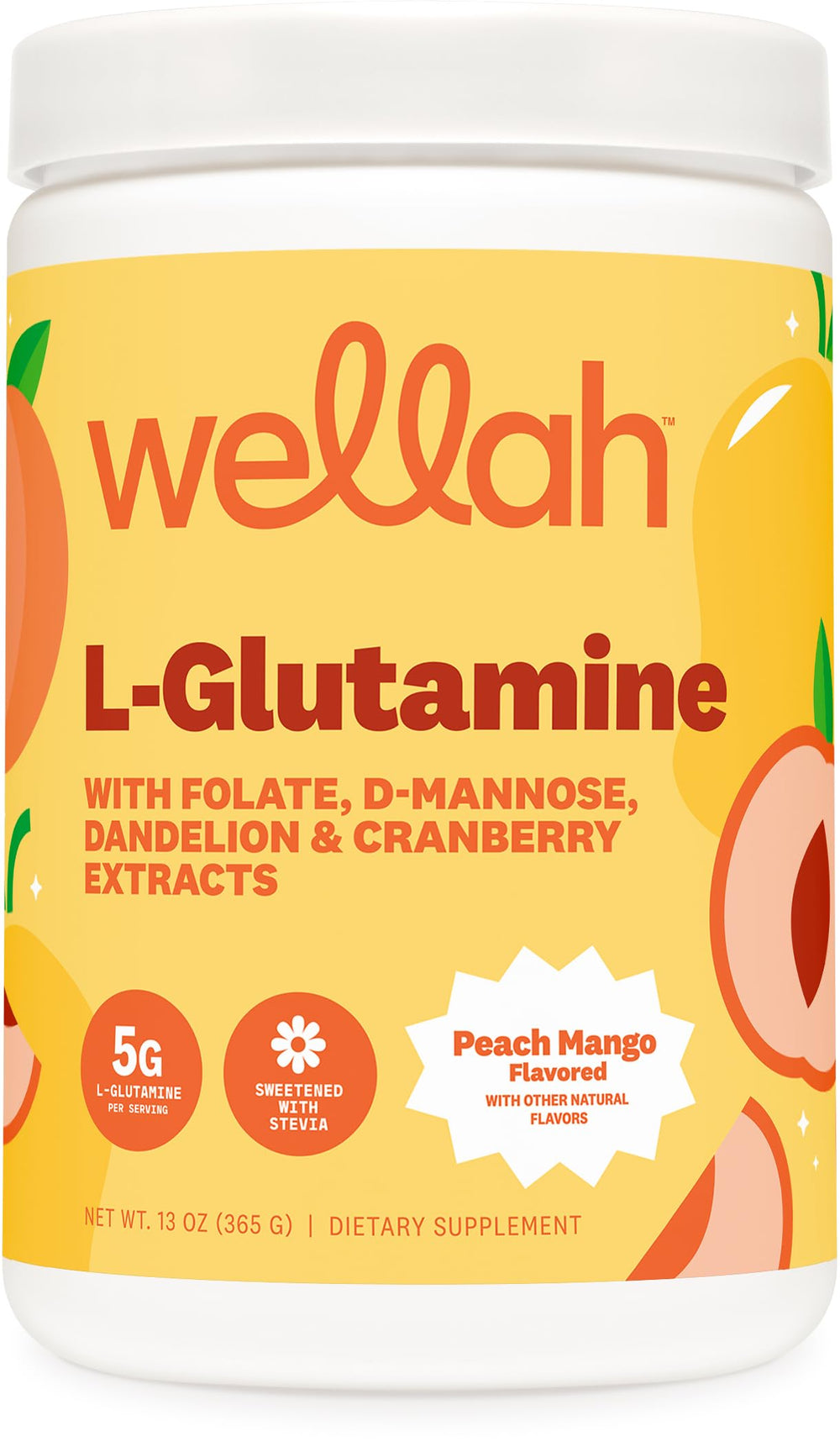 Wellah L-Glutamine Peach Mango tub front view showing Stevia-sweetened formula for daily use.