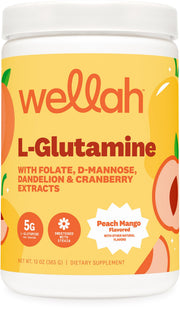 Wellah L-Glutamine Peach Mango tub front view showing Stevia-sweetened formula for daily use.