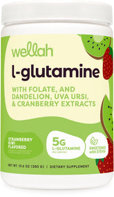 Wellah L-Glutamine Strawberry Kiwi bottle with flavor details and label