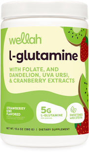 Wellah L-Glutamine Strawberry Kiwi bottle with flavor details and label