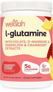 Wellah L-Glutamine Strawberry Lemonade bottle close-up, highlighting flavor for daily supplementation.
