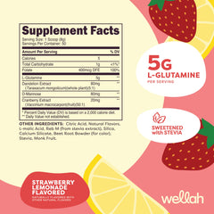 Wellah L-Glutamine Strawberry Lemonade scoop dipping into powder, showing texture for easy mixing.