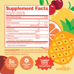 Wellah L-Glutamine Tropical Punch scoop measures 5 g per serving for consistent intake.