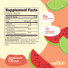 Wellah L-Glutamine powder scoop showing a 5 g serving, Watermelon Lime flavor.