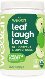 Wellah Leaf Laugh Love Super Greens en envase, porción diaria para una nutrición equilibrada.