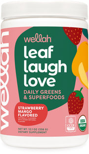 Wellah Leaf Laugh Love Super Greens strawberry mango bottle for daily greens boost.
