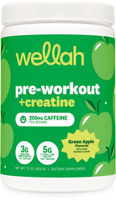 Wellah Pre-Workout Green Apple scoop showing powder ready for quick energy before training.