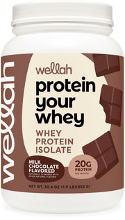Wellah Protein Your Whey milk chocolate tub close-up highlighting protein isolate