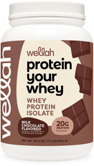 Wellah Protein Your Whey milk chocolate tub close-up highlighting protein isolate