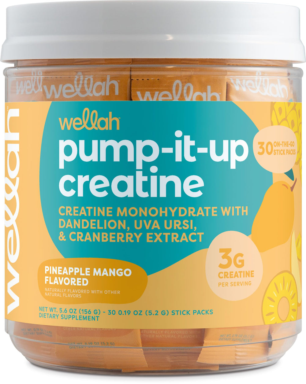 Wellah Pump-It-Up Creatine Pineapple Mango stick pack for on-the-go workouts.