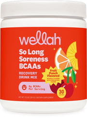 Wellah So Long Soreness BCAA Powder fruit punch tub for a refreshing recovery blend.
