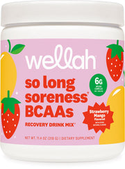 Wellah So Long Soreness BCAA Powder label in strawberry mango flavor for refreshing hydration