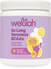 Wellah So Long Soreness BCAA Powder tub for post-workout refreshment and hydration.