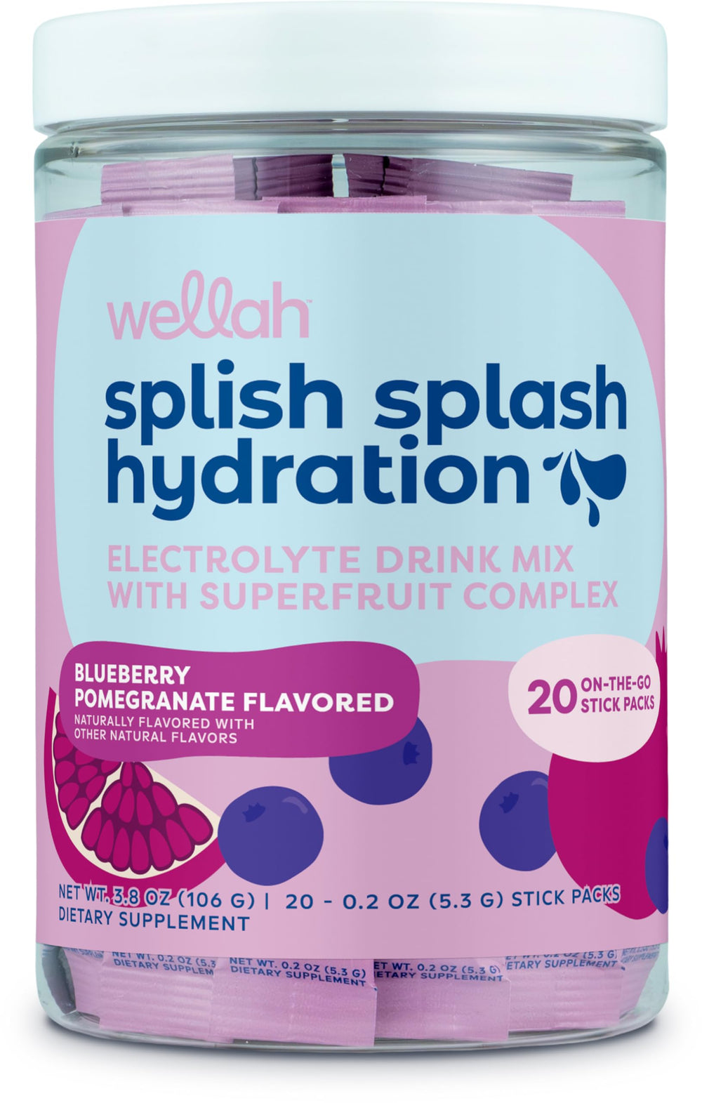 Wellah Splish Splash sabor arándano granada verter en vaso para hidratación