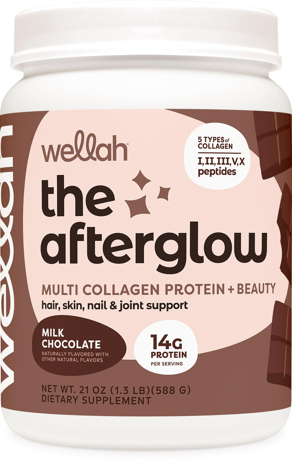 Wellah The Afterglow Chocolate bottle showing skin and joint support.