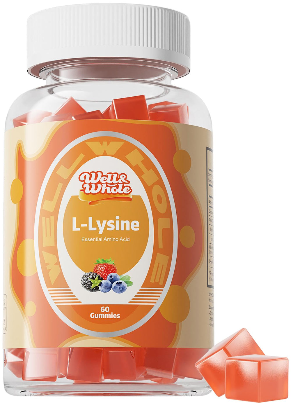 Well&Whole L-Lysine Gummies bottle front shows a vegan, gluten-free daily supplement.