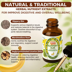 Well&Whole slippery elm bark drops label emphasizes mucosal soothing coating.