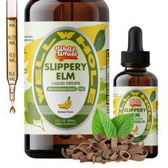 Well&Whole slippery elm liquid drops bottle highlights digestive support and throat relief.