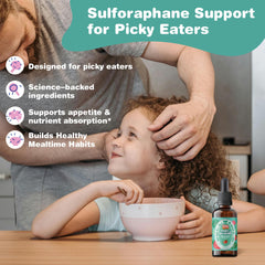 Well&Whole sulforaphane kids liquid dropper with strawberry flavor for easy administration.