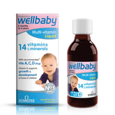 Wellbaby Multi-Vitamin Liquid bottle showing daily nutrition for babies 6 months to 4 years.