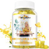 Wellcatcher bromelain papain gummies bottle highlighting digestive enzyme support for adults and kids.