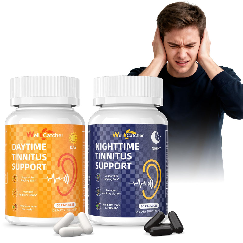 Wellcatcher Tinnitus Support bottle front for easy daily ear care