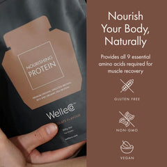 WelleCo chocolate protein powder swirling in a smoothie.