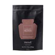 WelleCo chocolate protein powder tub for daily energy support.