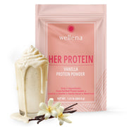 Wellena Her Protein bottle close-up with clean label and beef isolate protein.
